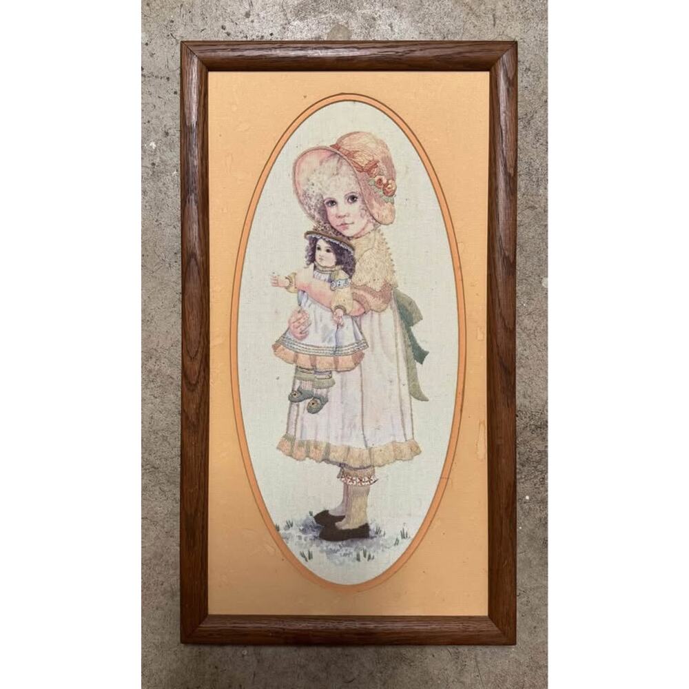 Jan Hagara Needlepoint – Girl with Doll – Vintage Framed Embroidery – 23” x 12”